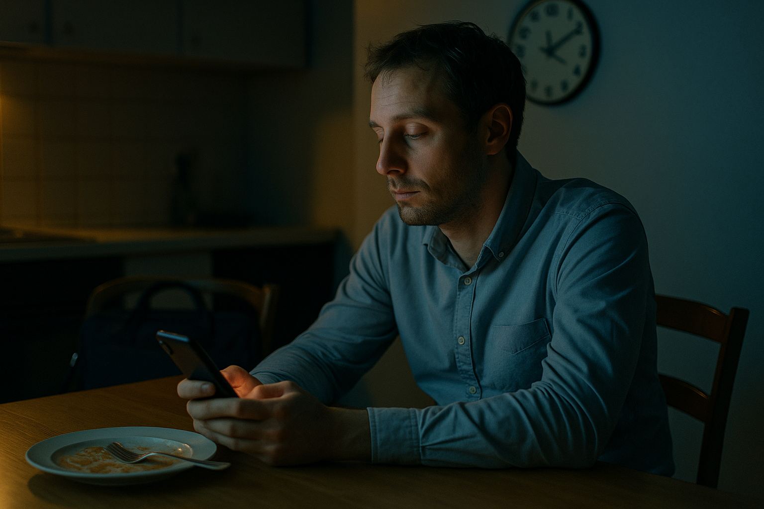 Tired person at a table at night, distracted by a phone as time passes.