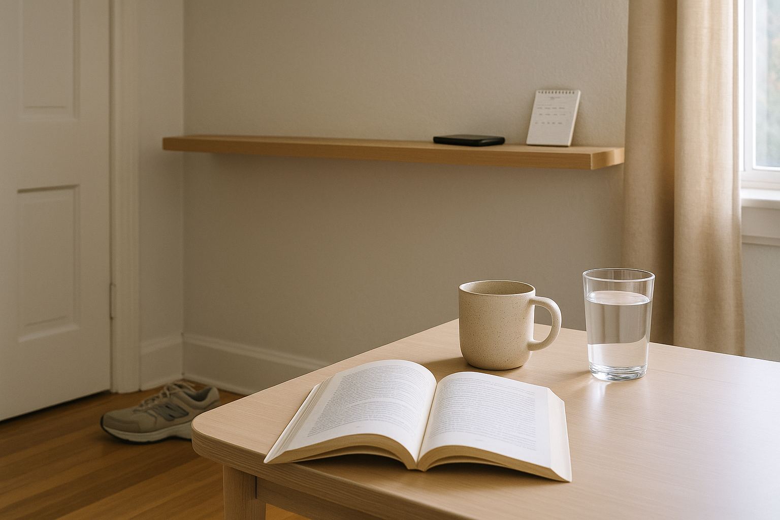 Phone kept away from the workspace, with a book, water, and notebook prepared as alternatives to scrolling.