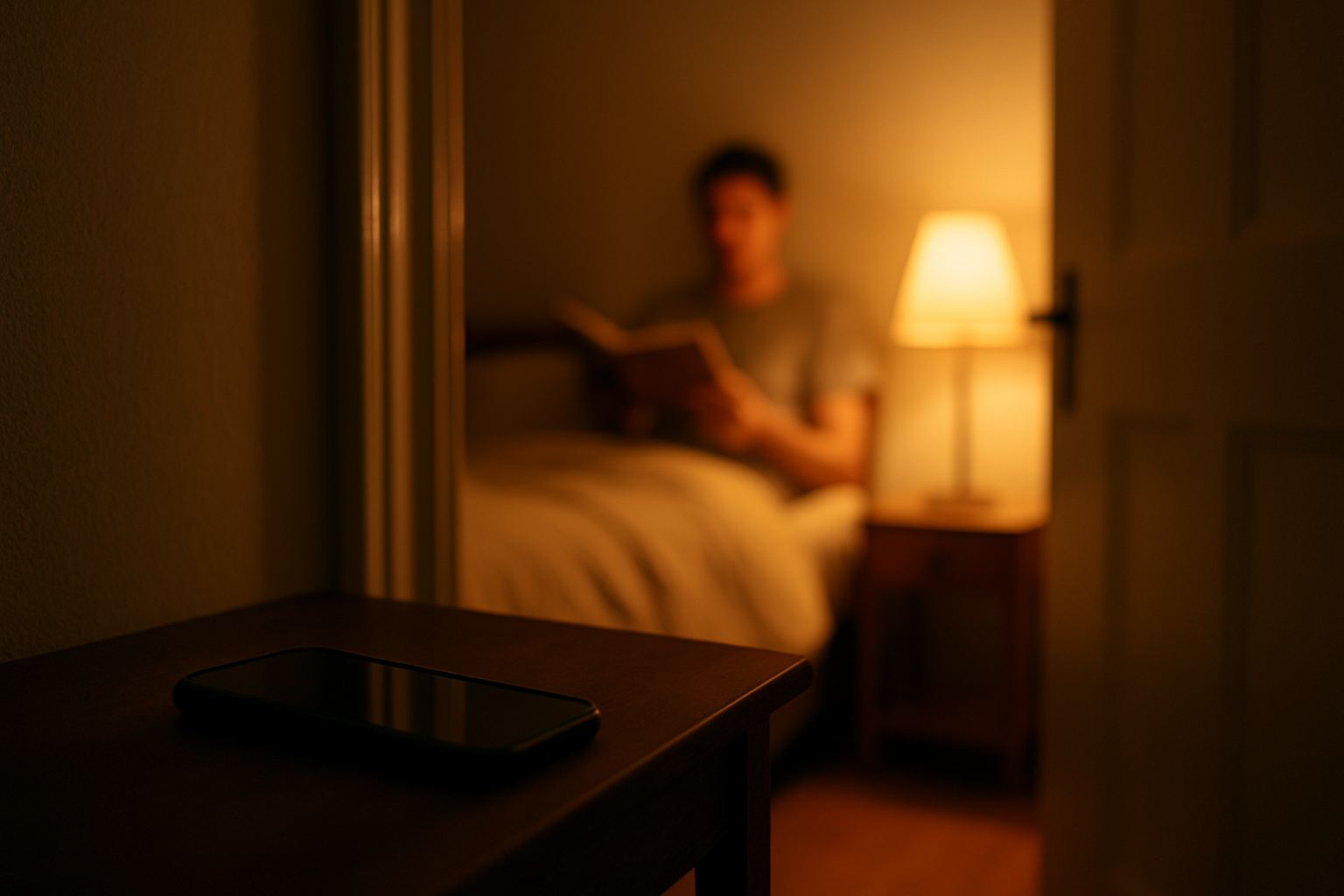 Phone left outside the bedroom while a person ends the day reading in bed.