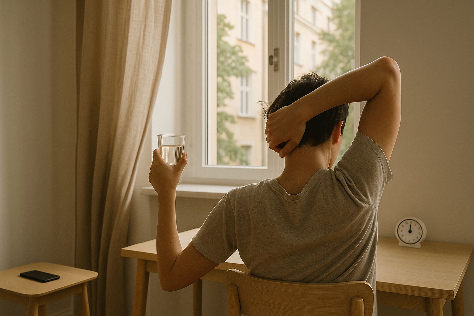 A person takes a short break by stretching and drinking water while the phone remains face down and away from the desk.