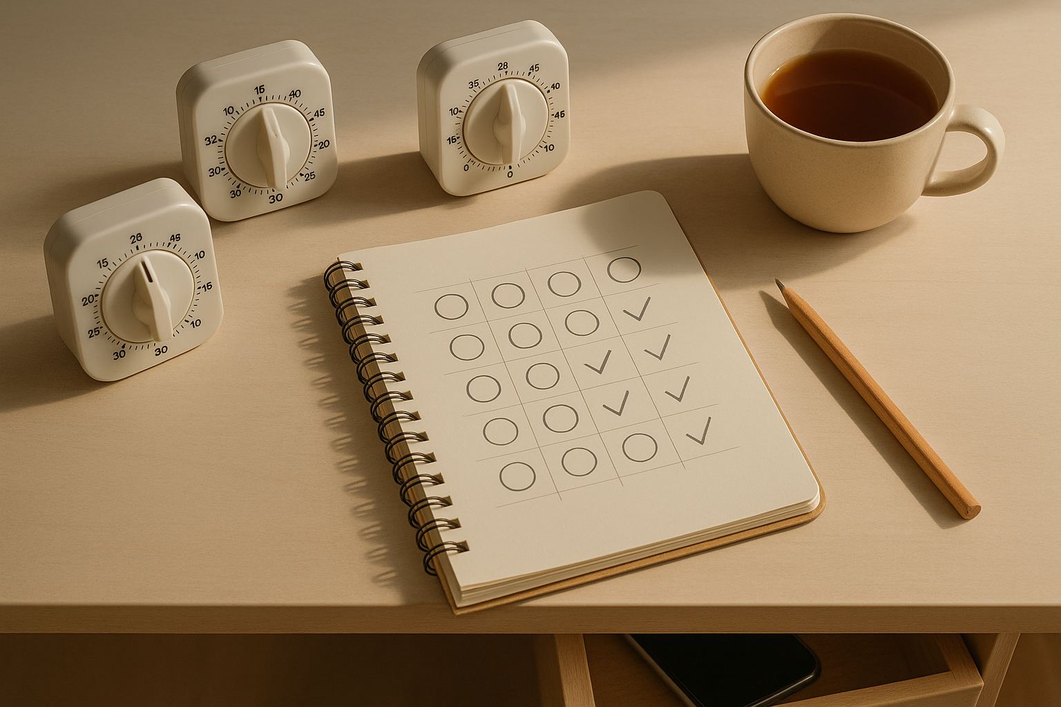 Timers set to different durations and a notebook of completed cycles show Pomodoro being adapted to an individual's rhythm.